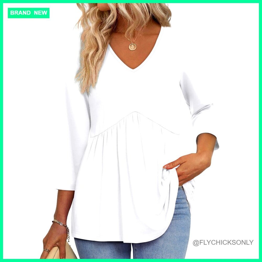 3/4 Sleeve V-Neck Tunic Top Loose Fit Blouse Dressy Casual